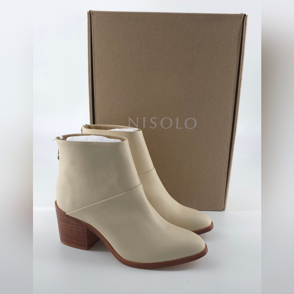 Nisolo Women's Dari Leather Zip Up Ankle Boots Stacked Heel Bone Size 6.5 $250